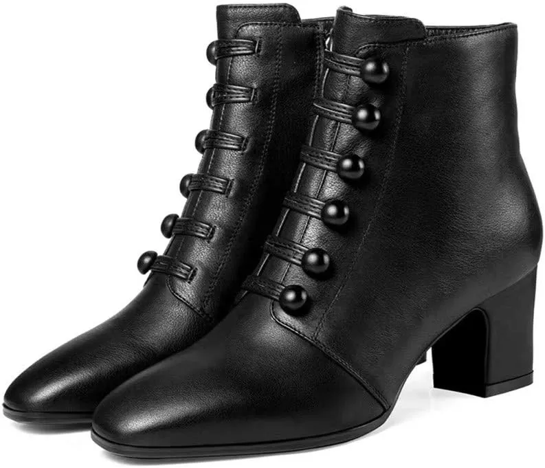 Womens Fashion Button Ankle Boots Solid Color Pointed Toe Side Zipper Chunky High Heel Boots Comfortable Casual Square Heel Short Booties Shoes