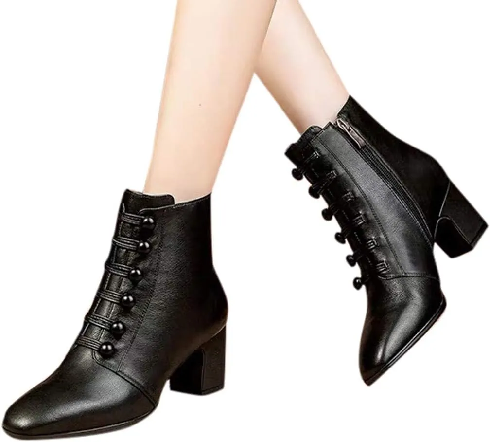 Womens Fashion Button Ankle Boots Solid Color Pointed Toe Side Zipper Chunky High Heel Boots Comfortable Casual Square Heel Short Booties Shoes