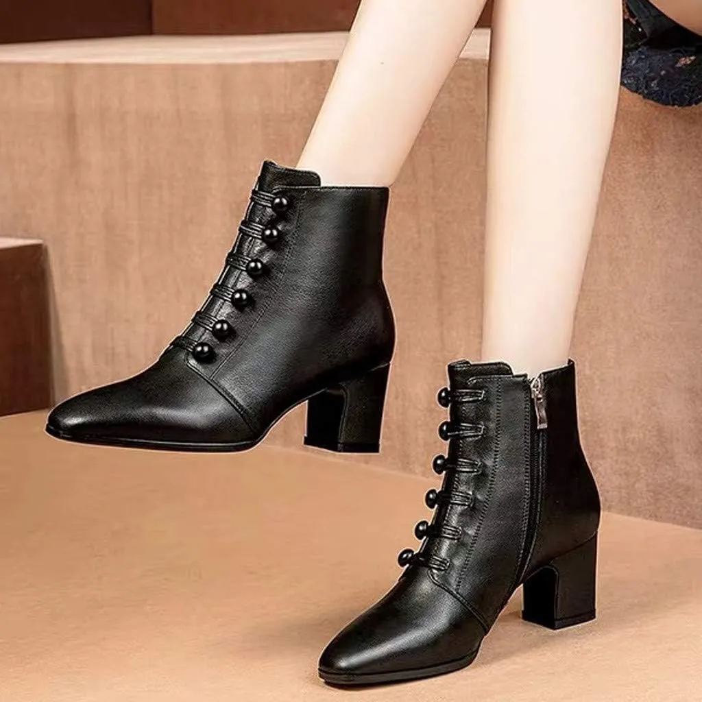 Womens Fashion Button Ankle Boots Solid Color Pointed Toe Side Zipper Chunky High Heel Boots Comfortable Casual Square Heel Short Booties Shoes