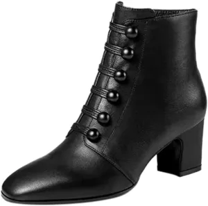 Womens Fashion Button Ankle Boots Solid Color Pointed Toe Side Zipper Chunky High Heel Boots Comfortable Casual Square Heel Short Booties Shoes