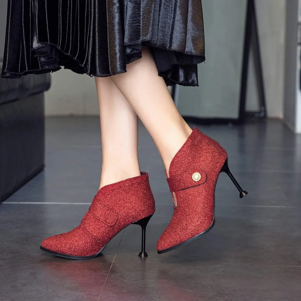 Women's Fashion Glitter Dressy Ankle Boots Pointed Toe Stilettos High Heels Elegant Short Booties