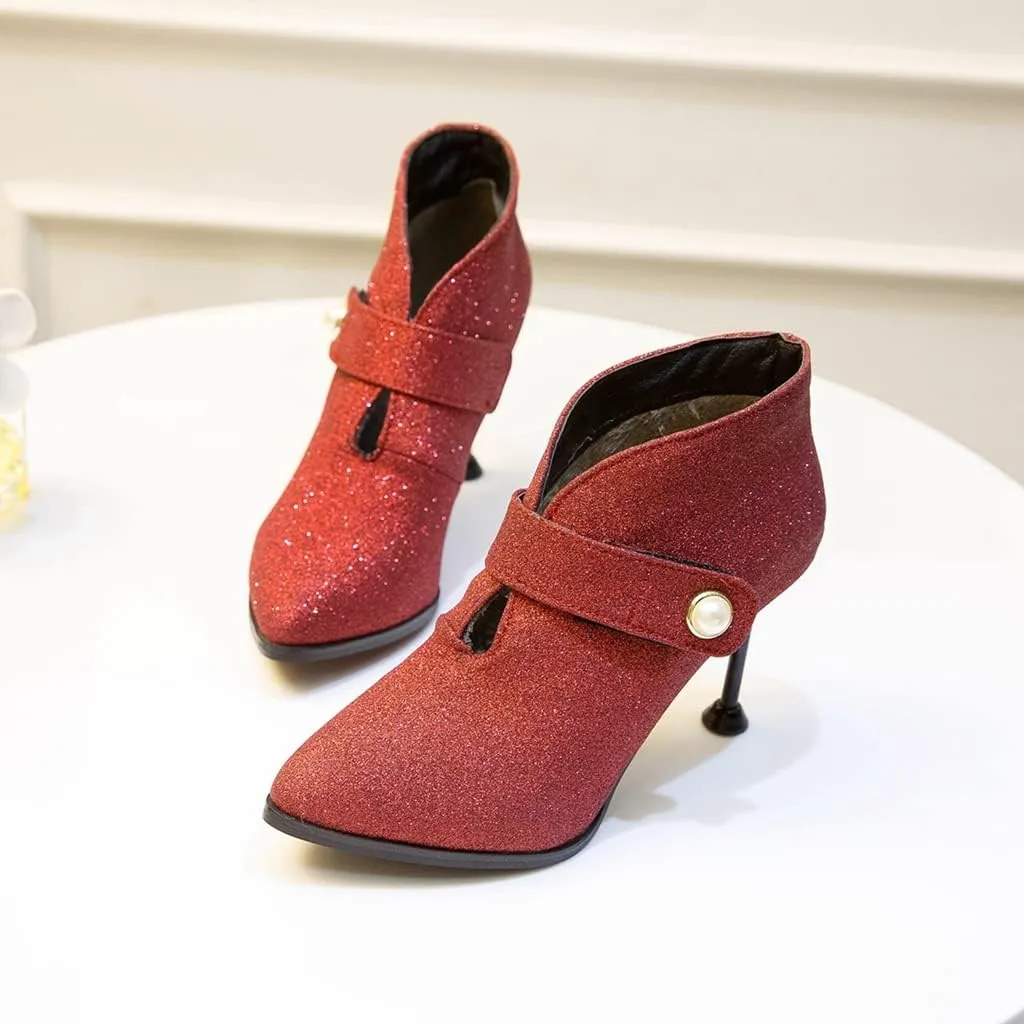 Women's Fashion Glitter Dressy Ankle Boots Pointed Toe Stilettos High Heels Elegant Short Booties