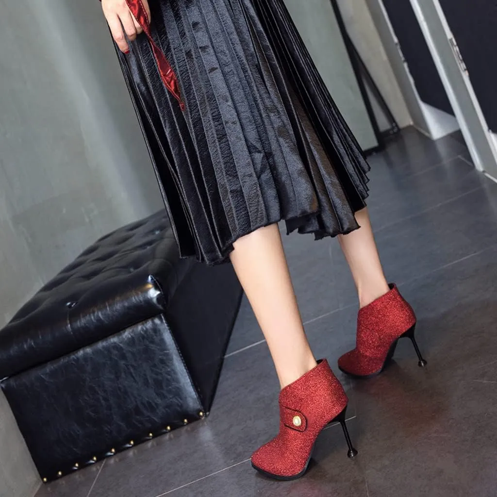 Women's Fashion Glitter Dressy Ankle Boots Pointed Toe Stilettos High Heels Elegant Short Booties
