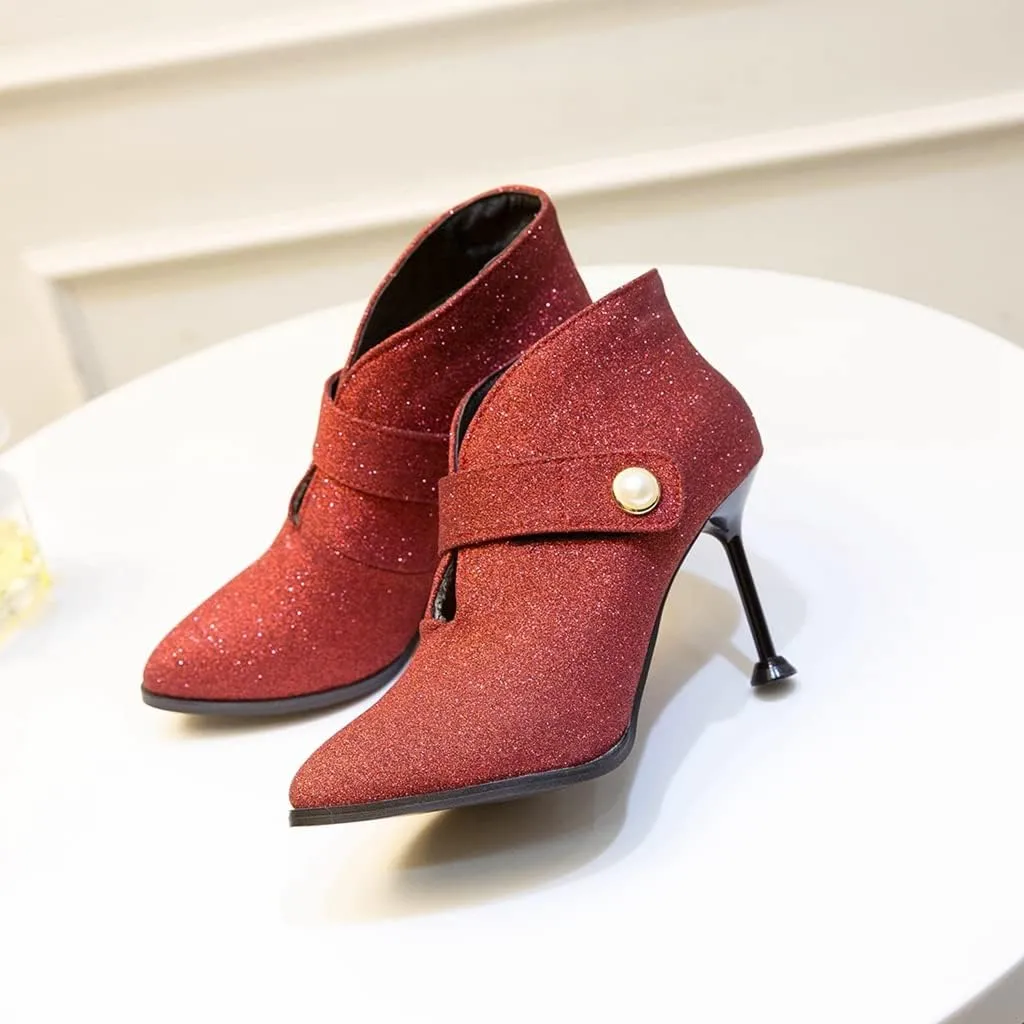 Women's Fashion Glitter Dressy Ankle Boots Pointed Toe Stilettos High Heels Elegant Short Booties