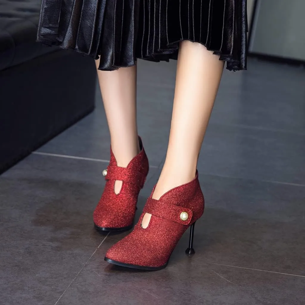 Women's Fashion Glitter Dressy Ankle Boots Pointed Toe Stilettos High Heels Elegant Short Booties