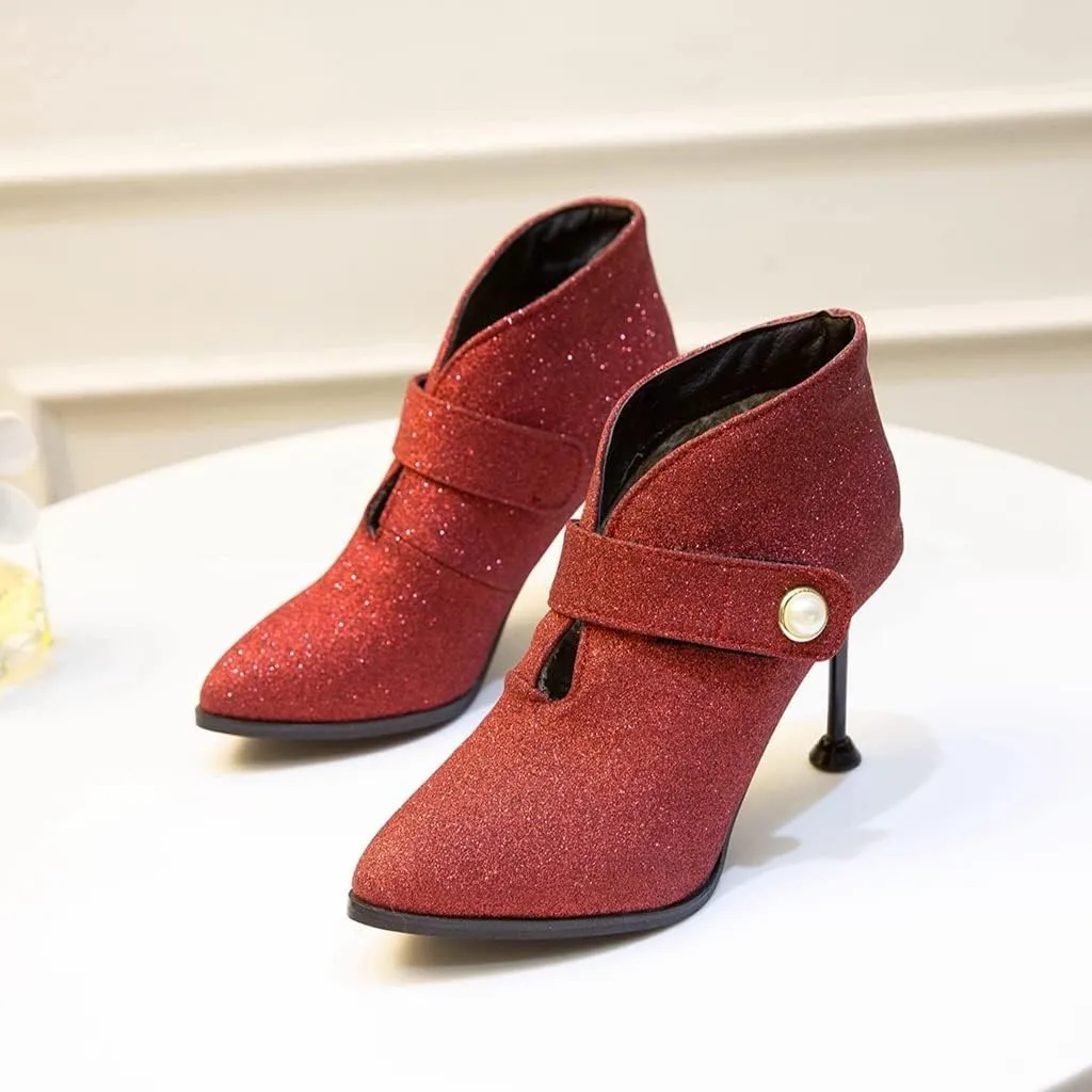 Women's Fashion Glitter Dressy Ankle Boots Pointed Toe Stilettos High Heels Elegant Short Booties