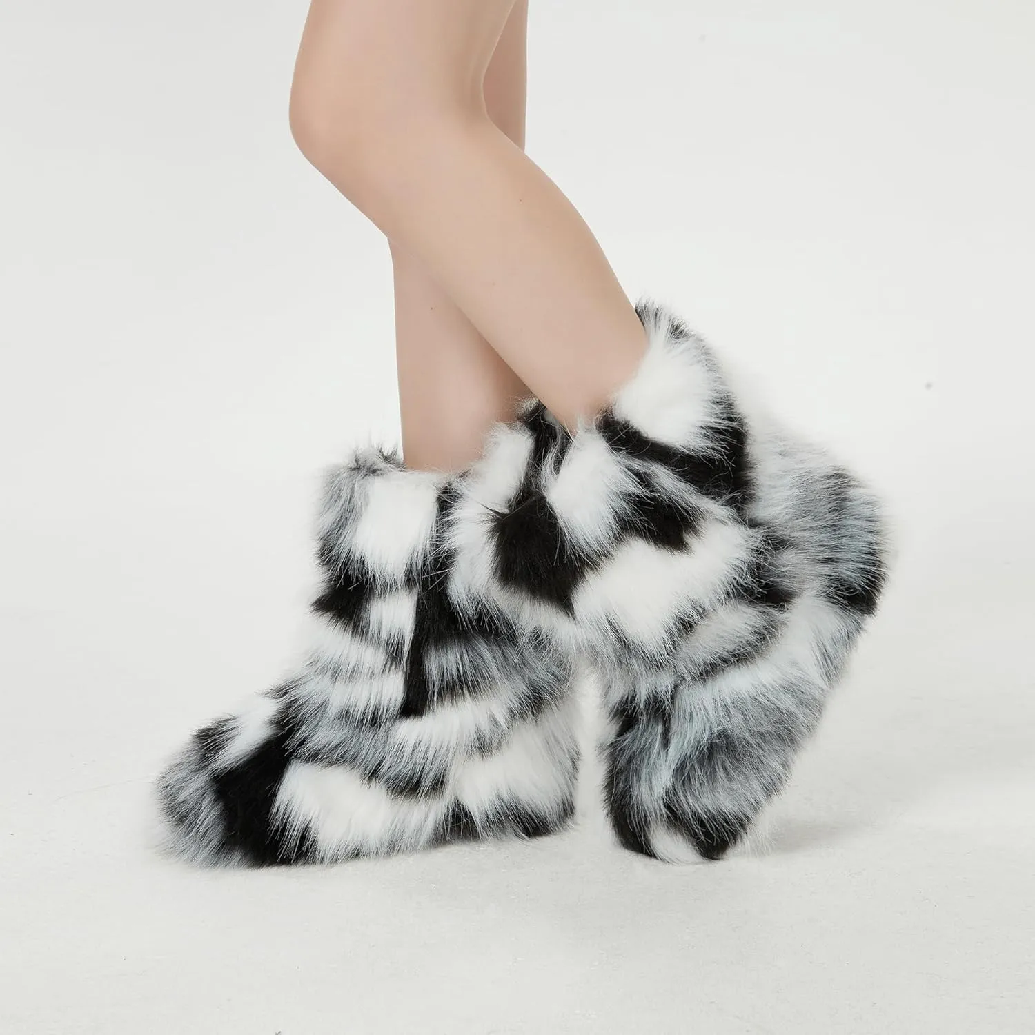 Women's Faux Fur Boots Furry Snow Boots Fuzzy Winter Shoes Fluffy Mid-Calf Flat Boots