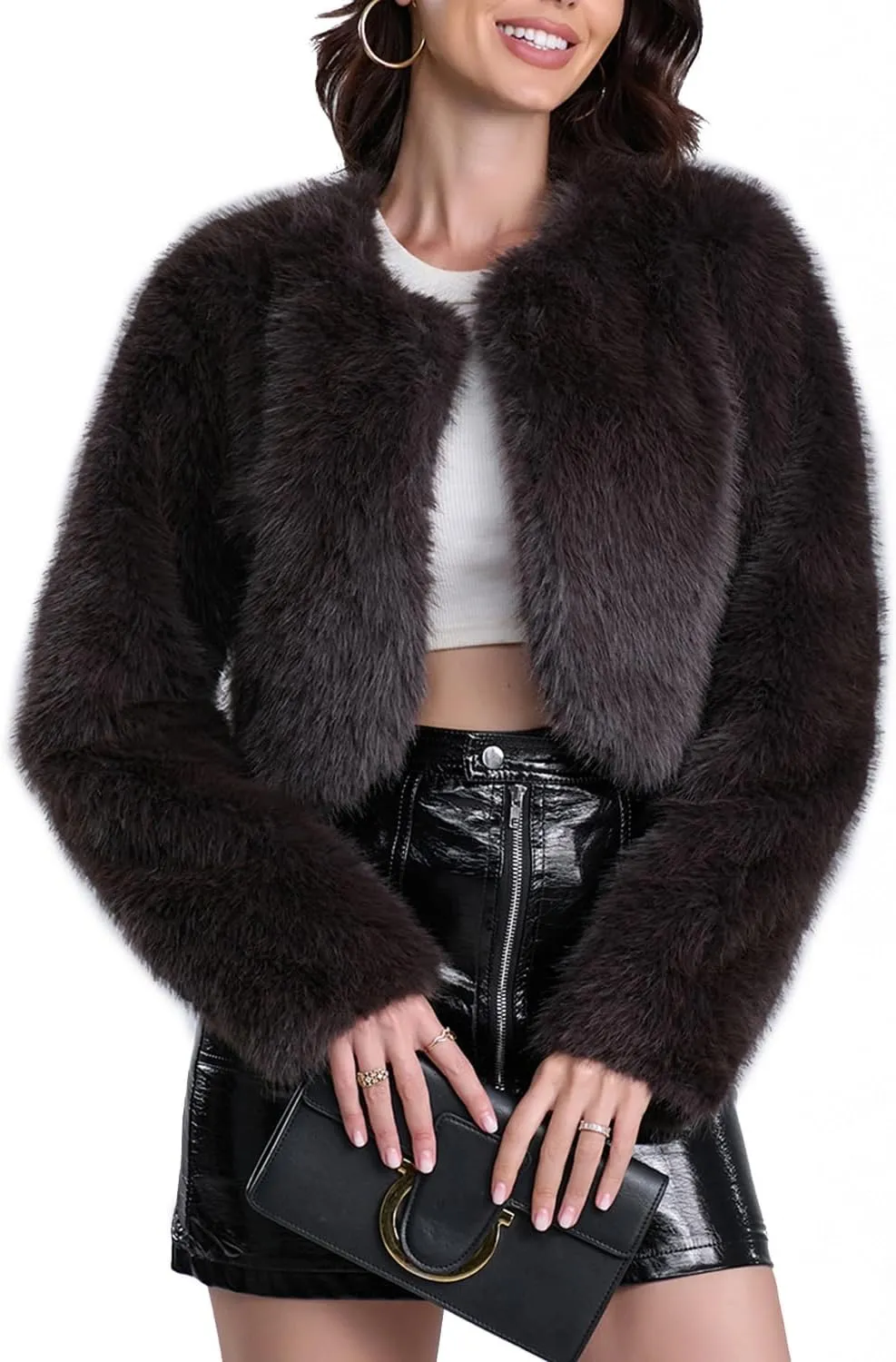 Women's Faux Fur Cropped Coat Long Sleeve Open Front Winter Jacket