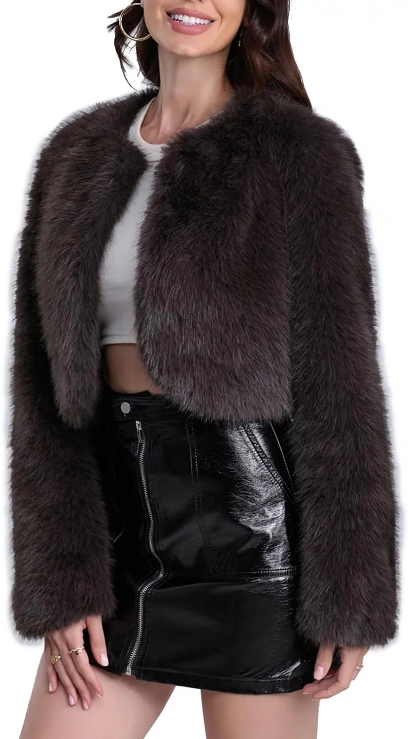 Women's Faux Fur Cropped Coat Long Sleeve Open Front Winter Jacket