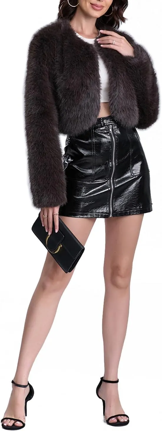 Women's Faux Fur Cropped Coat Long Sleeve Open Front Winter Jacket
