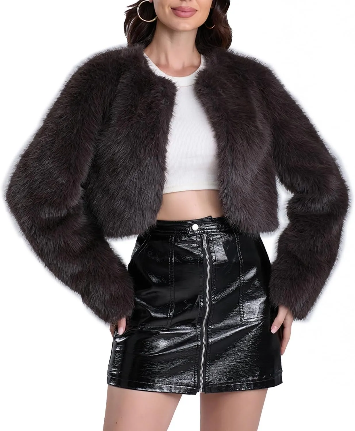 Women's Faux Fur Cropped Coat Long Sleeve Open Front Winter Jacket