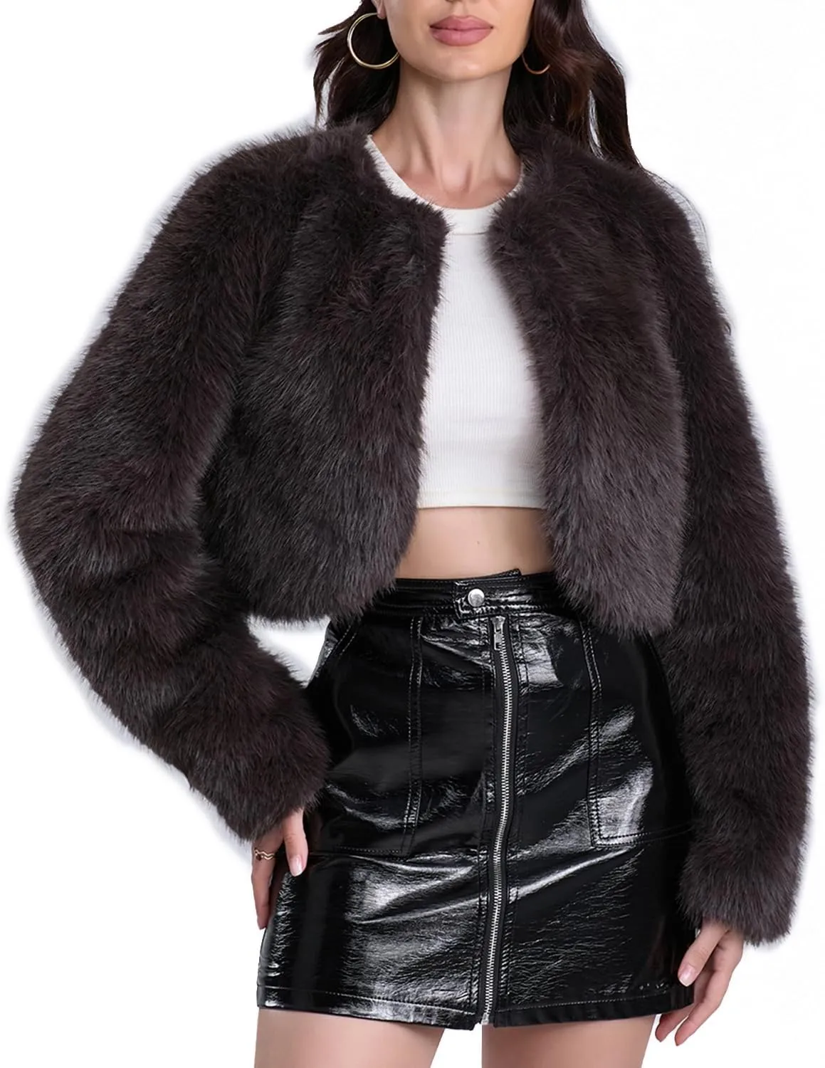 Women's Faux Fur Cropped Coat Long Sleeve Open Front Winter Jacket