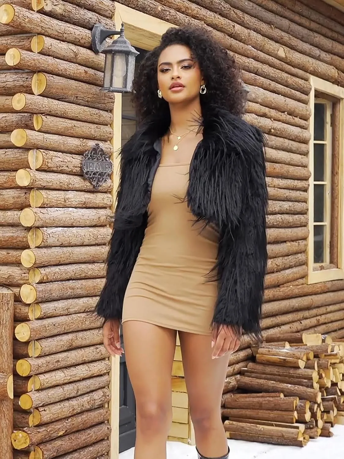 Womens Faux Fur Cropped Jacket Fluffy Open Front Long Sleeve Fashion Warm Shaggy Short Coat Outerwear