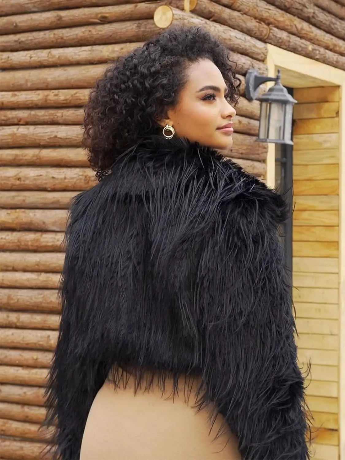Womens Faux Fur Cropped Jacket Fluffy Open Front Long Sleeve Fashion Warm Shaggy Short Coat Outerwear