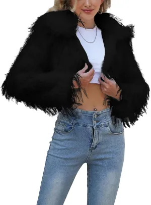 Womens Faux Fur Cropped Jacket Fluffy Open Front Long Sleeve Fashion Warm Shaggy Short Coat Outerwear