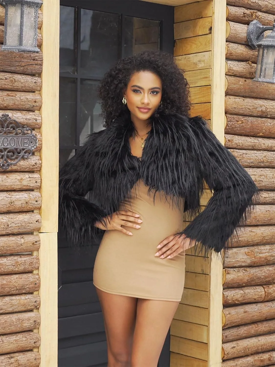 Womens Faux Fur Cropped Jacket Fluffy Open Front Long Sleeve Fashion Warm Shaggy Short Coat Outerwear