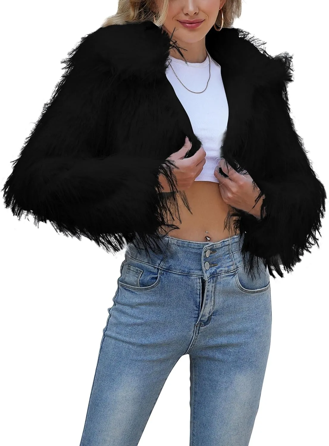 Womens Faux Fur Cropped Jacket Fluffy Open Front Long Sleeve Fashion Warm Shaggy Short Coat Outerwear