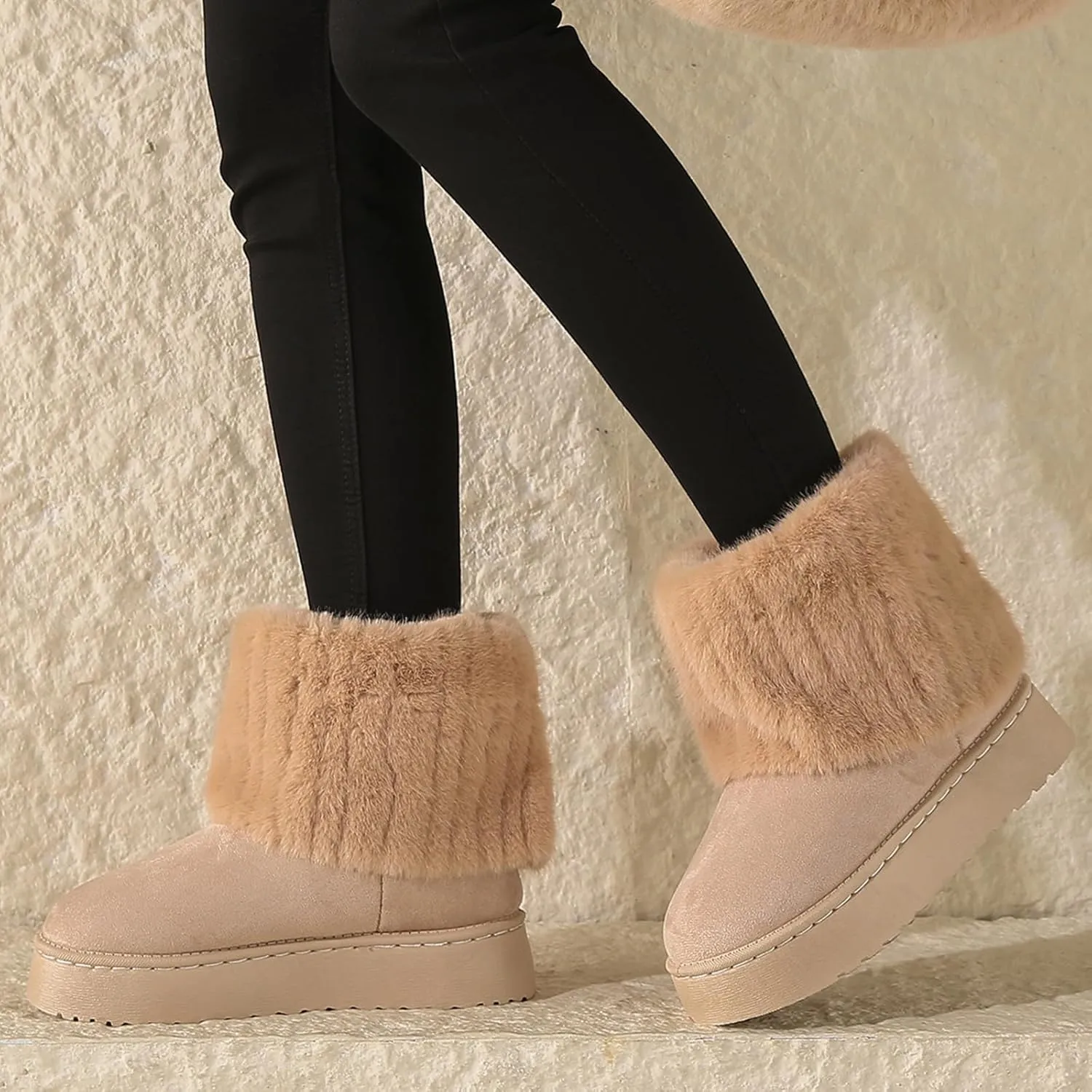 Women's Faux Fur Mid Calf Snow Boots - Round Toe Suede Warm Fur Lined Platform Flat Comfort Outdoor Winter Fashion Boots