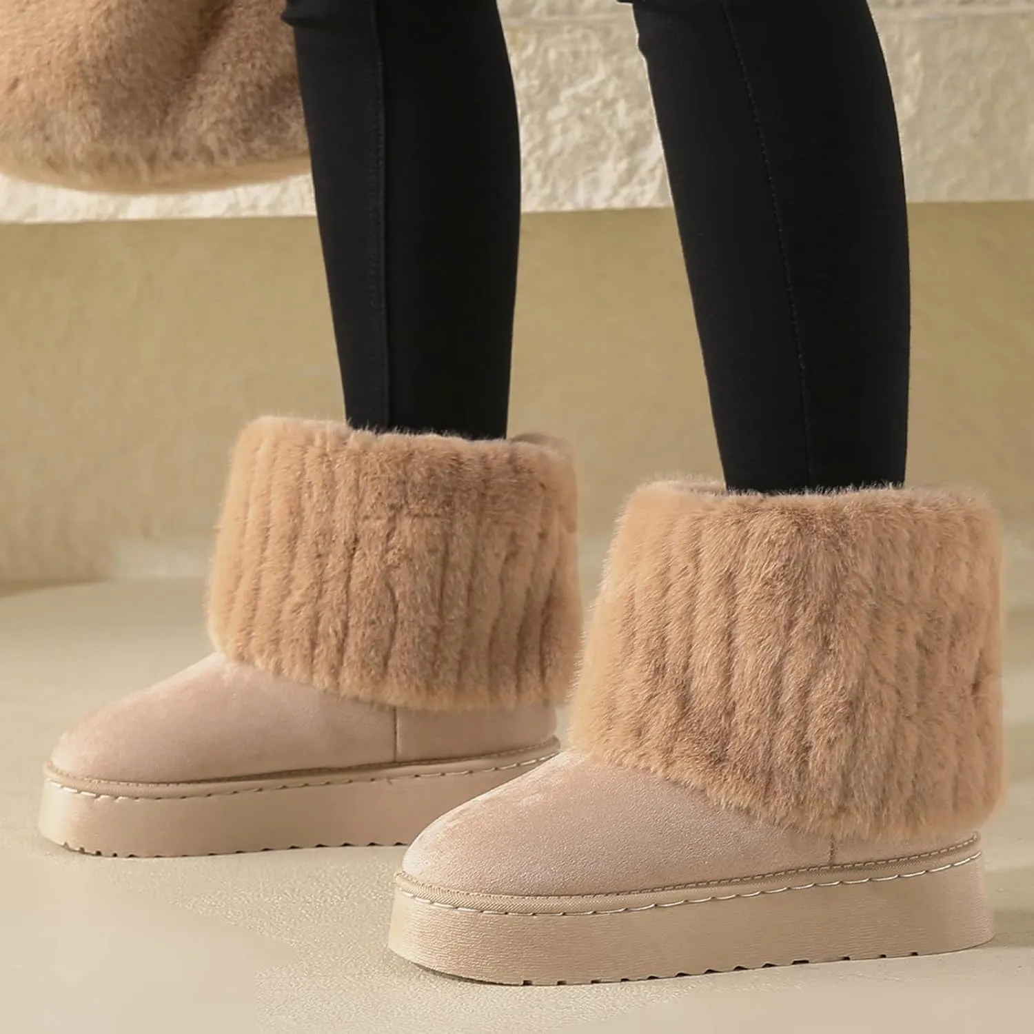 Women's Faux Fur Mid Calf Snow Boots - Round Toe Suede Warm Fur Lined Platform Flat Comfort Outdoor Winter Fashion Boots