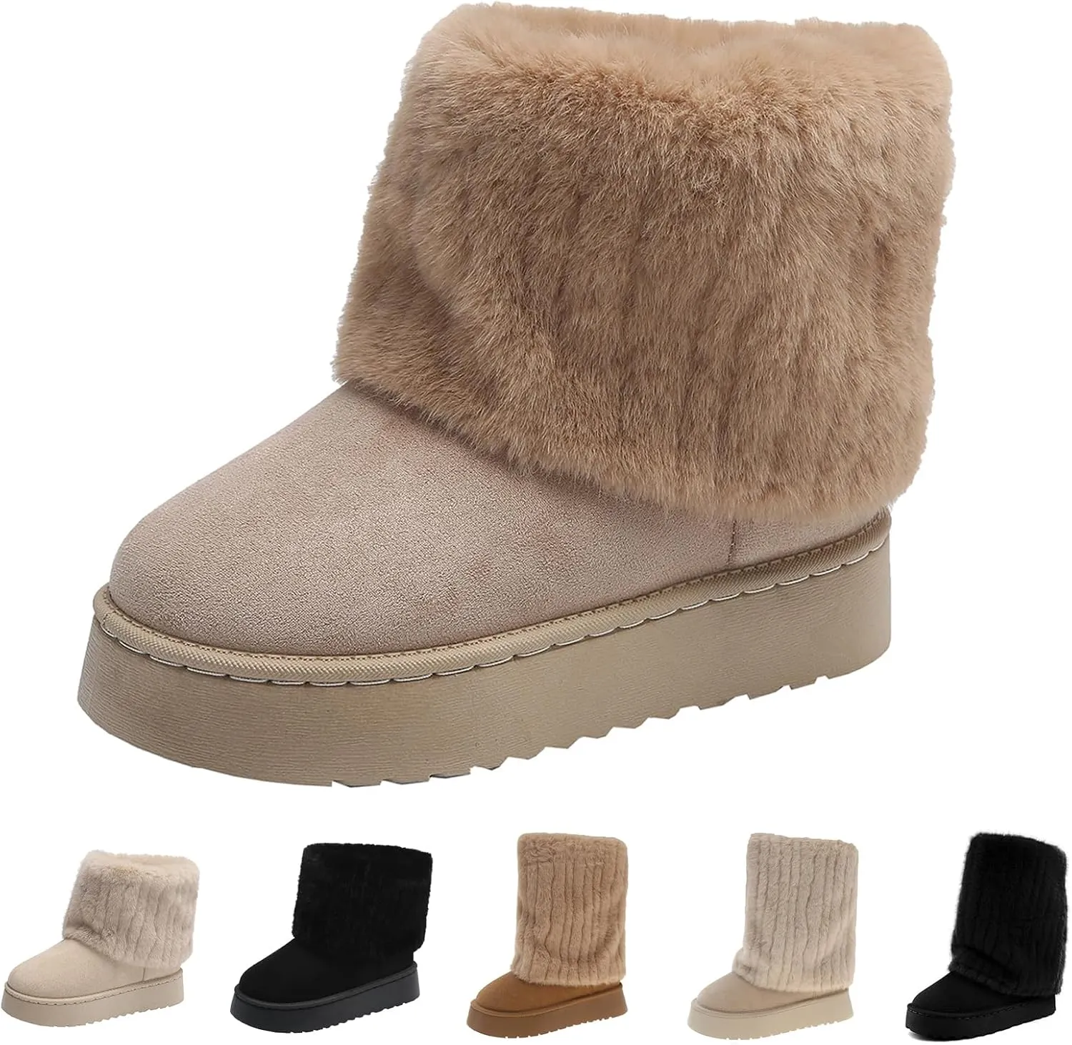 Women's Faux Fur Mid Calf Snow Boots - Round Toe Suede Warm Fur Lined Platform Flat Comfort Outdoor Winter Fashion Boots
