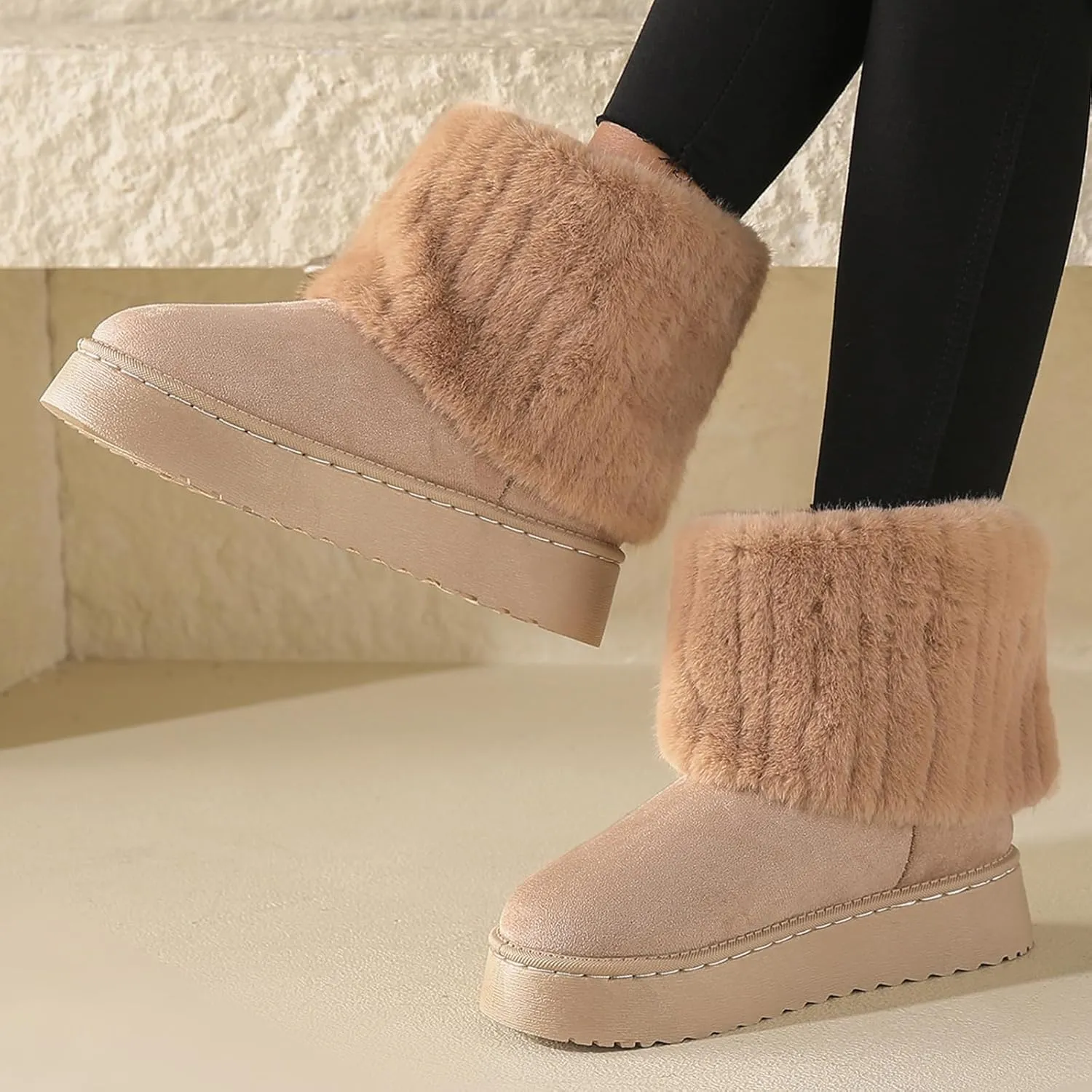 Women's Faux Fur Mid Calf Snow Boots - Round Toe Suede Warm Fur Lined Platform Flat Comfort Outdoor Winter Fashion Boots