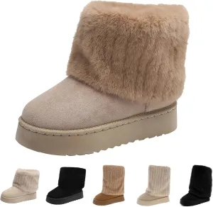 Women's Faux Fur Mid Calf Snow Boots - Round Toe Suede Warm Fur Lined Platform Flat Comfort Outdoor Winter Fashion Boots