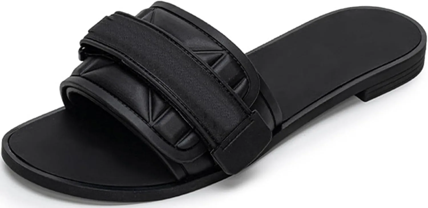 Women's Flat Sandals Adjustable Strap Summer Comfort Leather Slip on Slide Sandals