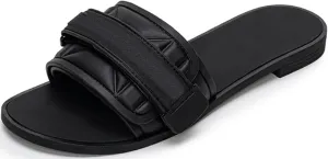 Women's Flat Sandals Adjustable Strap Summer Comfort Leather Slip on Slide Sandals