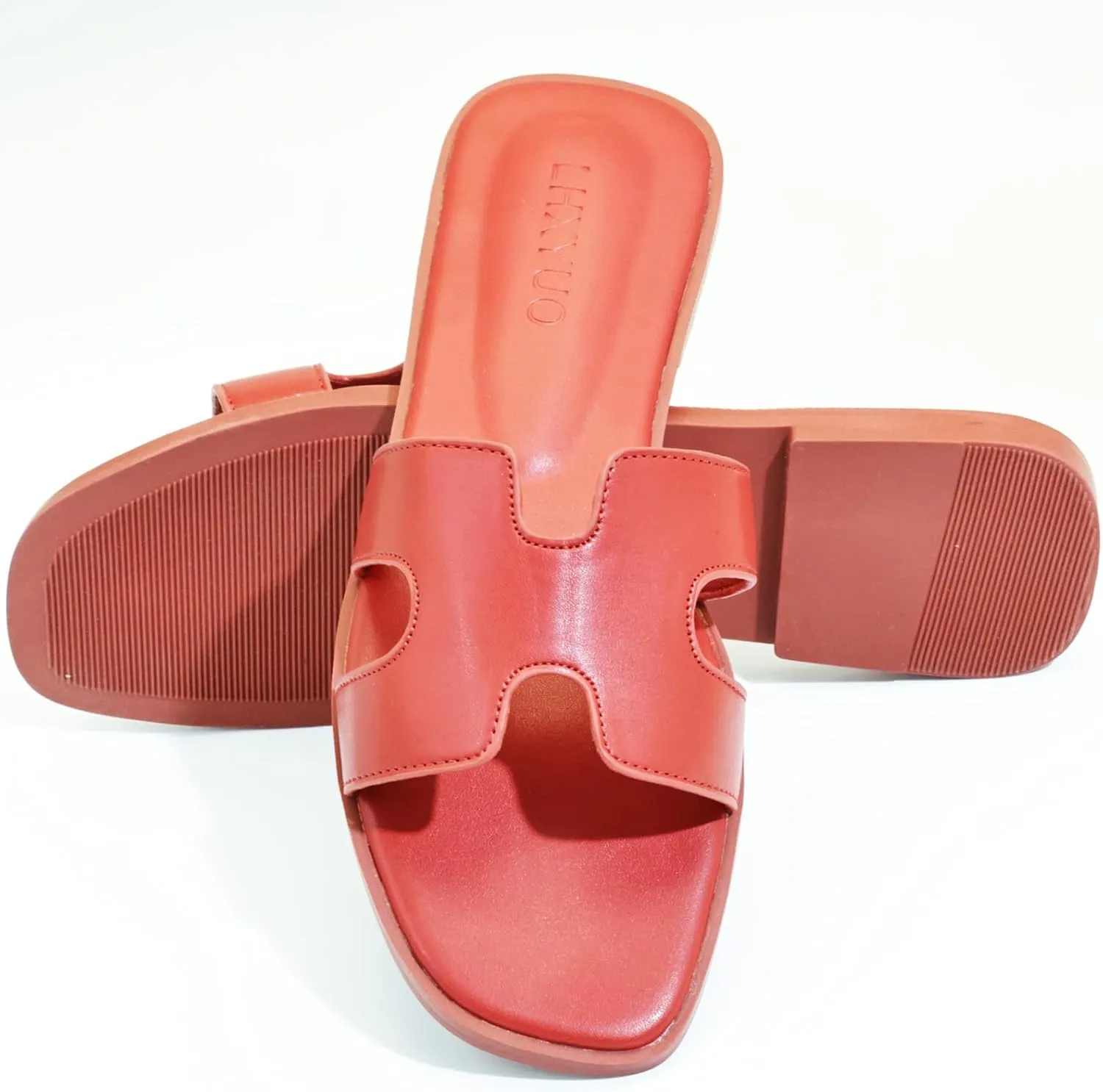 Women's Flat Sandals, Ladies Slip on Leather Slippers, Comfy Dressy Flat Shoes Elegant Slides Summer Fall Spring Cute Open Toe Casual Wear