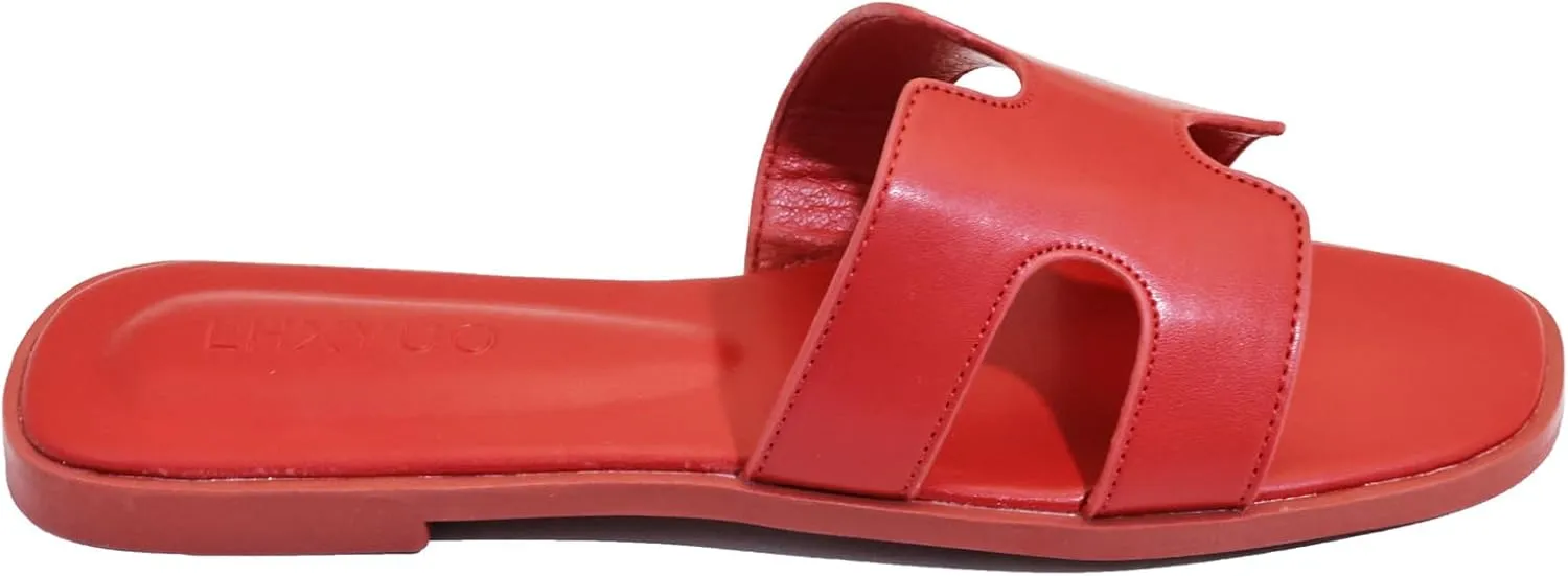Women's Flat Sandals, Ladies Slip on Leather Slippers, Comfy Dressy Flat Shoes Elegant Slides Summer Fall Spring Cute Open Toe Casual Wear