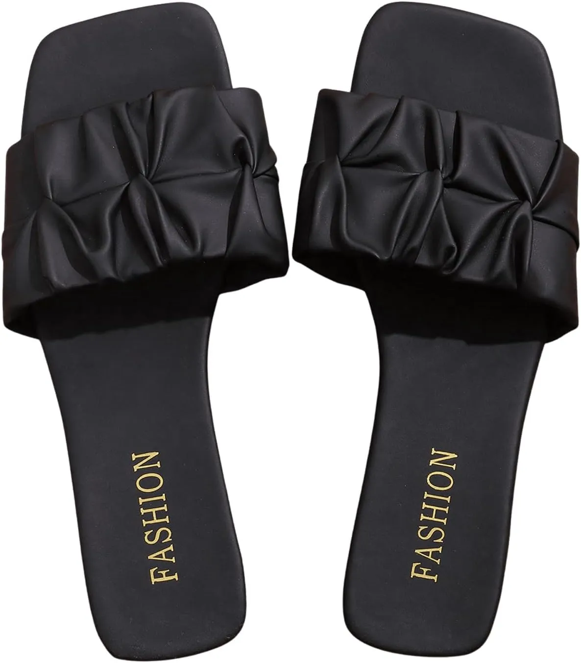 Women's Flat Sandals PU Leather Ruched Slide Sandals Square Open Toe Flat Sandal Dressy Beach Summer Shoes
