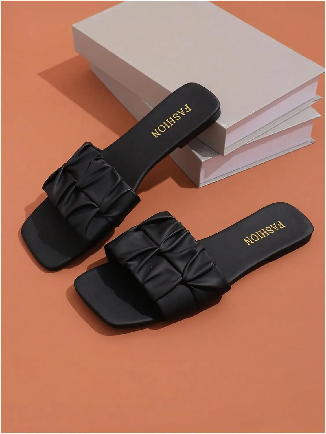 Women's Flat Sandals PU Leather Ruched Slide Sandals Square Open Toe Flat Sandal Dressy Beach Summer Shoes