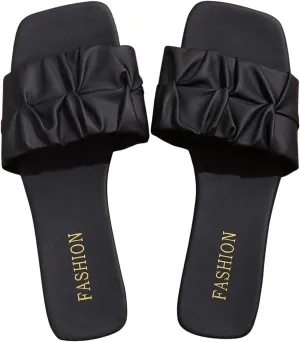 Women's Flat Sandals PU Leather Ruched Slide Sandals Square Open Toe Flat Sandal Dressy Beach Summer Shoes