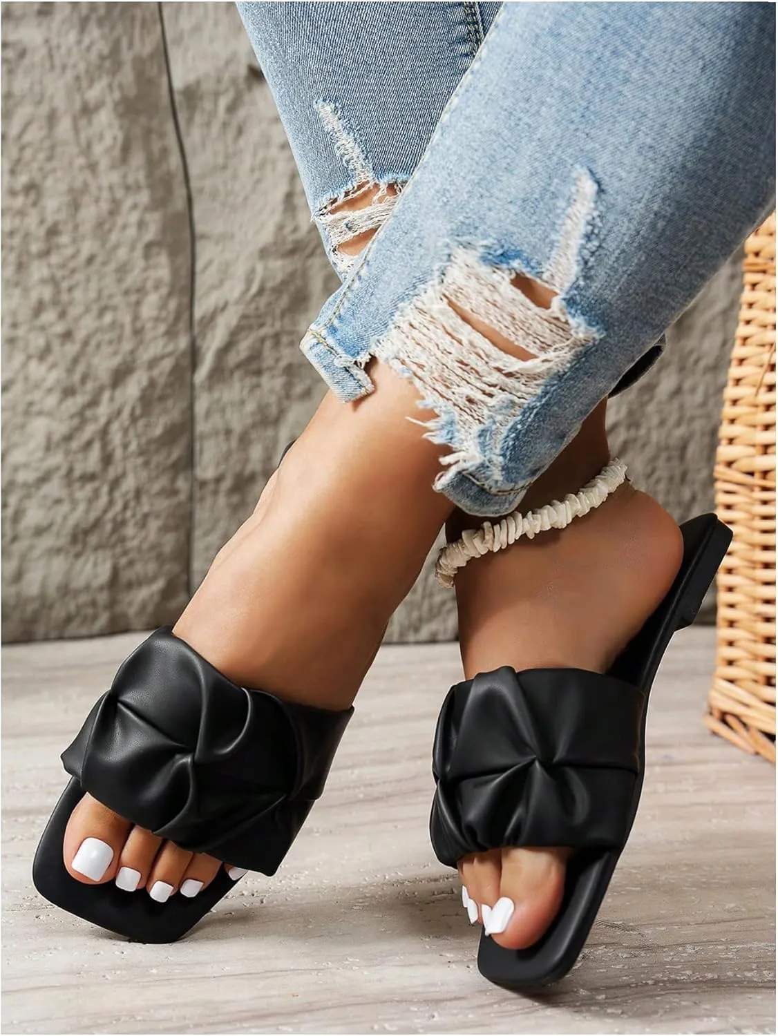 Women's Flat Sandals PU Leather Ruched Slide Sandals Square Open Toe Flat Sandal Dressy Beach Summer Shoes