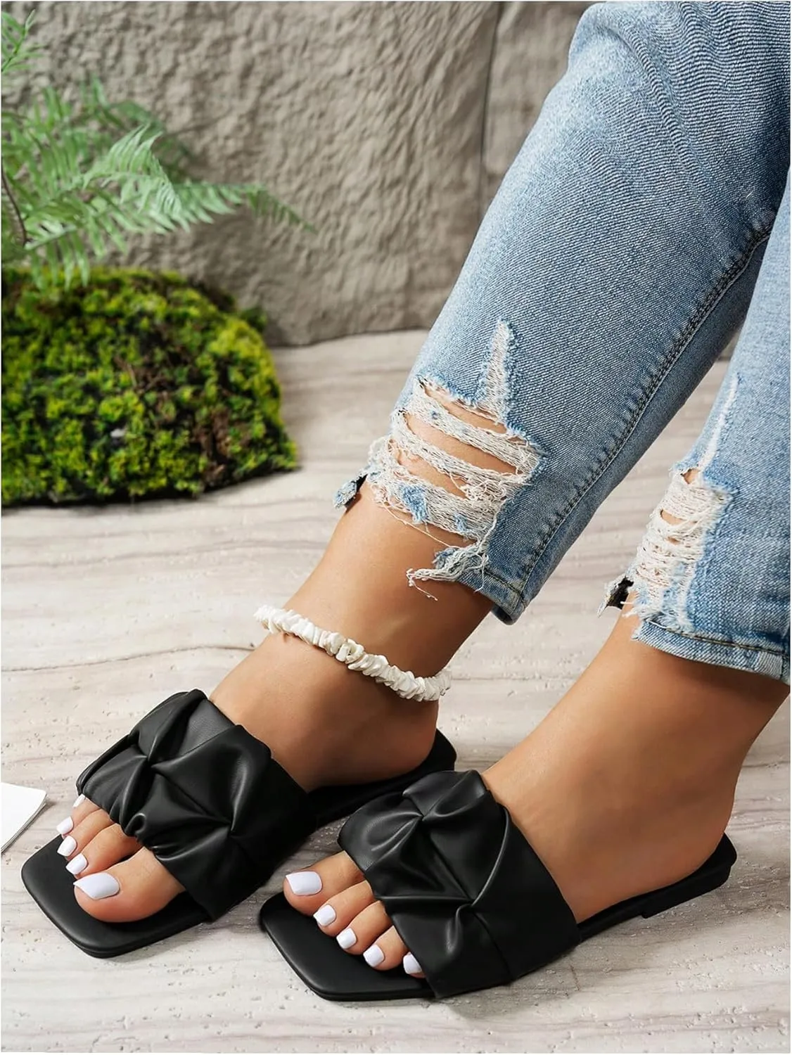 Women's Flat Sandals PU Leather Ruched Slide Sandals Square Open Toe Flat Sandal Dressy Beach Summer Shoes