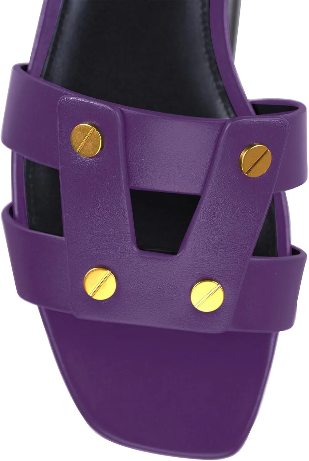 Women's Flat Square Open Toe with Gold Rivet Accents Slide Sandals Comfortable Slip On Flat Mule Sandals Summer Prom Party Flat Sandals for Women