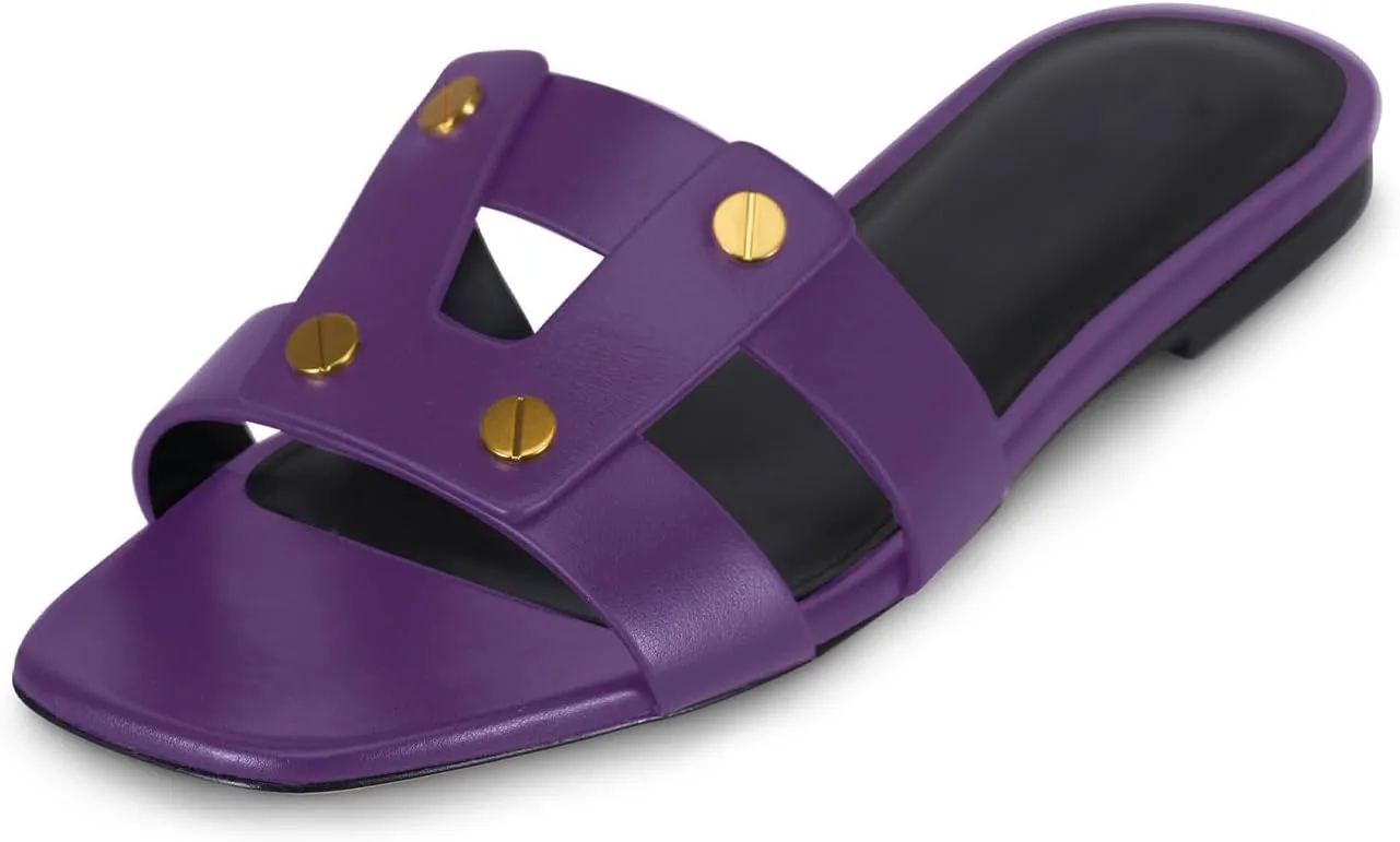 Women's Flat Square Open Toe with Gold Rivet Accents Slide Sandals Comfortable Slip On Flat Mule Sandals Summer Prom Party Flat Sandals for Women