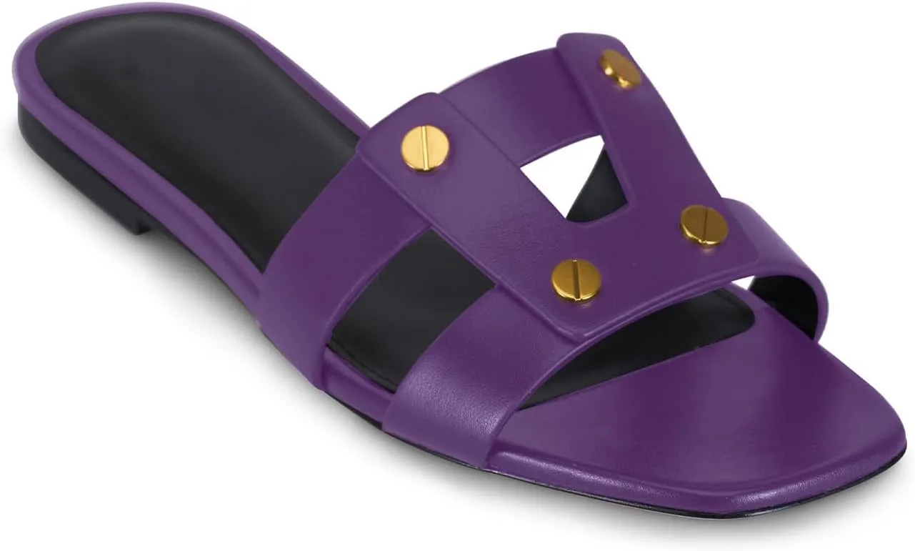 Women's Flat Square Open Toe with Gold Rivet Accents Slide Sandals Comfortable Slip On Flat Mule Sandals Summer Prom Party Flat Sandals for Women