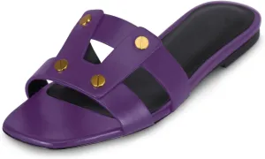 Women's Flat Square Open Toe with Gold Rivet Accents Slide Sandals Comfortable Slip On Flat Mule Sandals Summer Prom Party Flat Sandals for Women