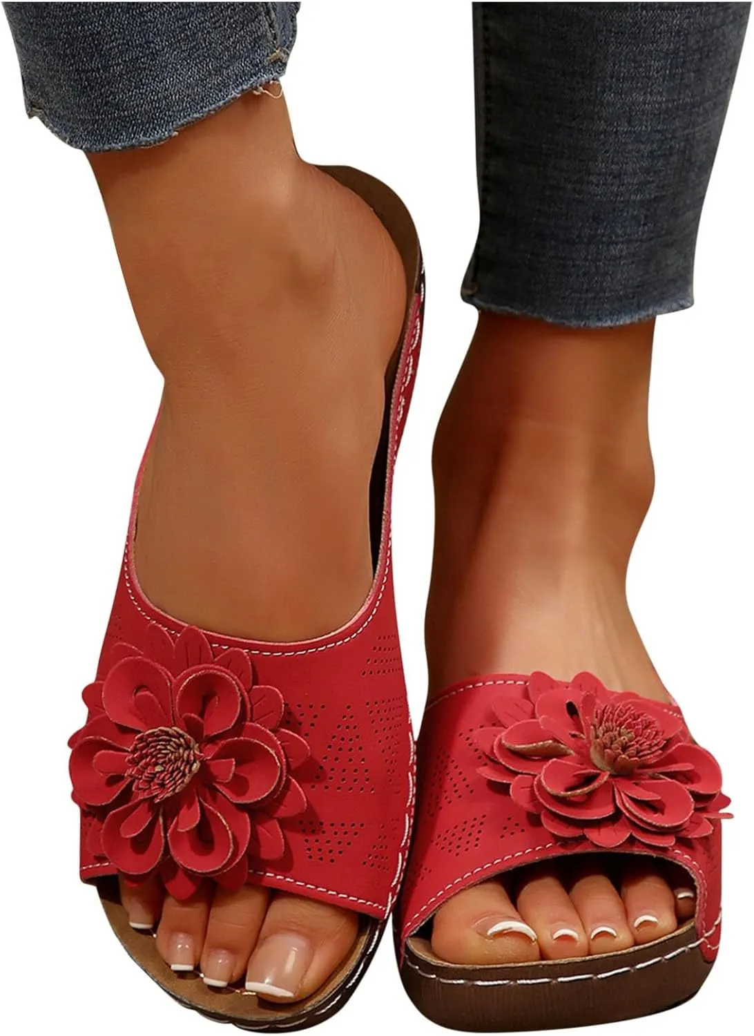 Women's Floral Embellished Wedge Slipper Orthopedic Solid Open Toe Sandal Platform Arch Support Slide Slip on Sandals