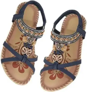 Women's Flower Print Sandals Summer Shoes Elastic Strap Women's Beach Shoes Open Toe Flats