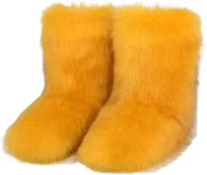 Women's Fluffy Furry Snow Boots Faux Fur Mid-Calf Flat Booties
