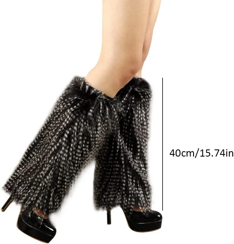 Women's Fuzzy Leg Warmers Winter Furry Faux Fur Heels Long Boots Shoes Cuff Covers for Holiday Costume Party