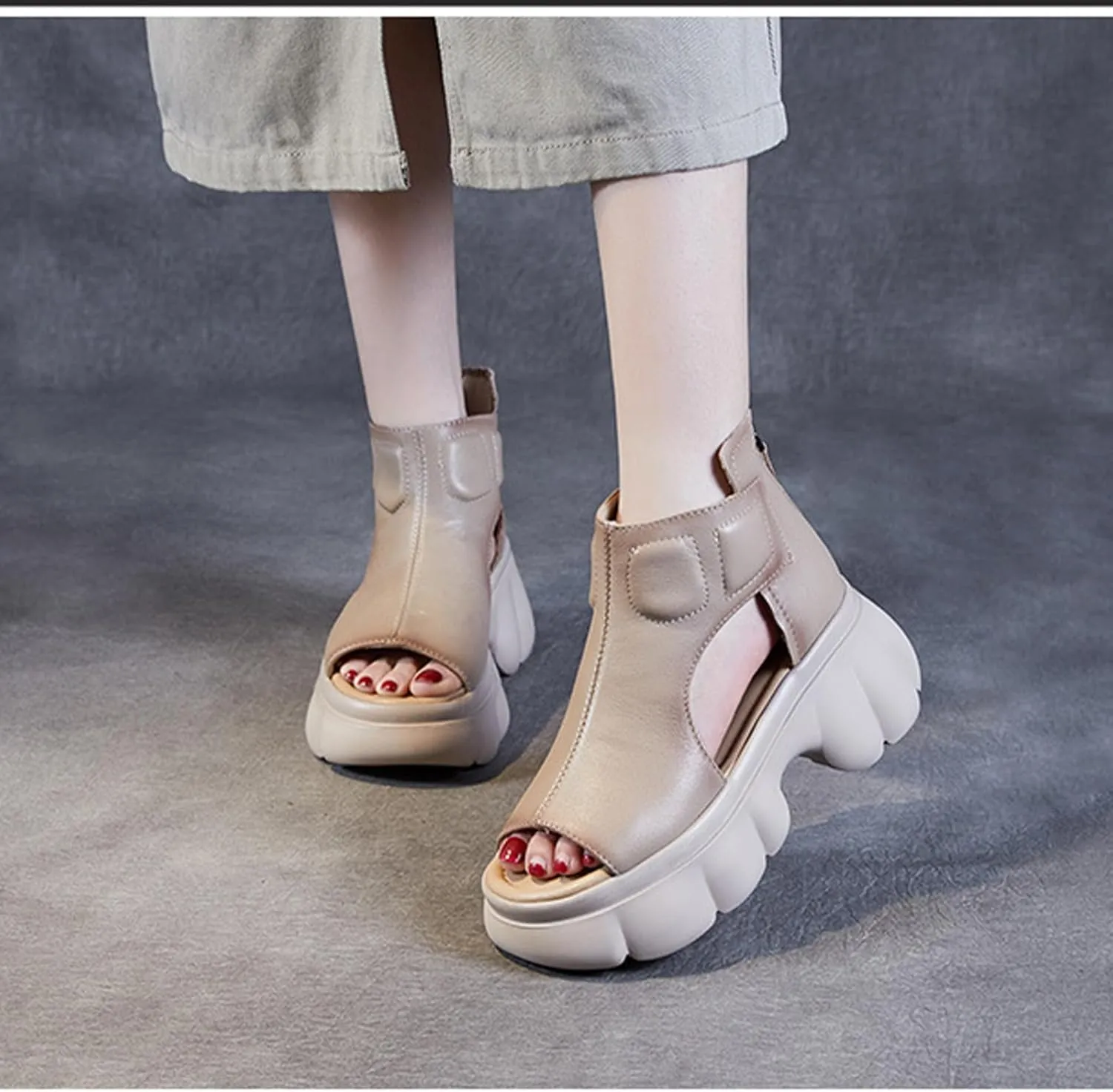 Womens Genuine Leather Chunky Platform Retro Roman Sandals High Top Comfortable Anti-Slip Open Toe Fish Mouth Soft Bottom Back Zipper Wedge Y2K Gladiator Sandals Boot for Casual Walking