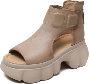 Womens Genuine Leather Chunky Platform Retro Roman Sandals High Top Comfortable Anti-Slip Open Toe Fish Mouth Soft Bottom Back Zipper Wedge Y2K Gladiator Sandals Boot for Casual Walking