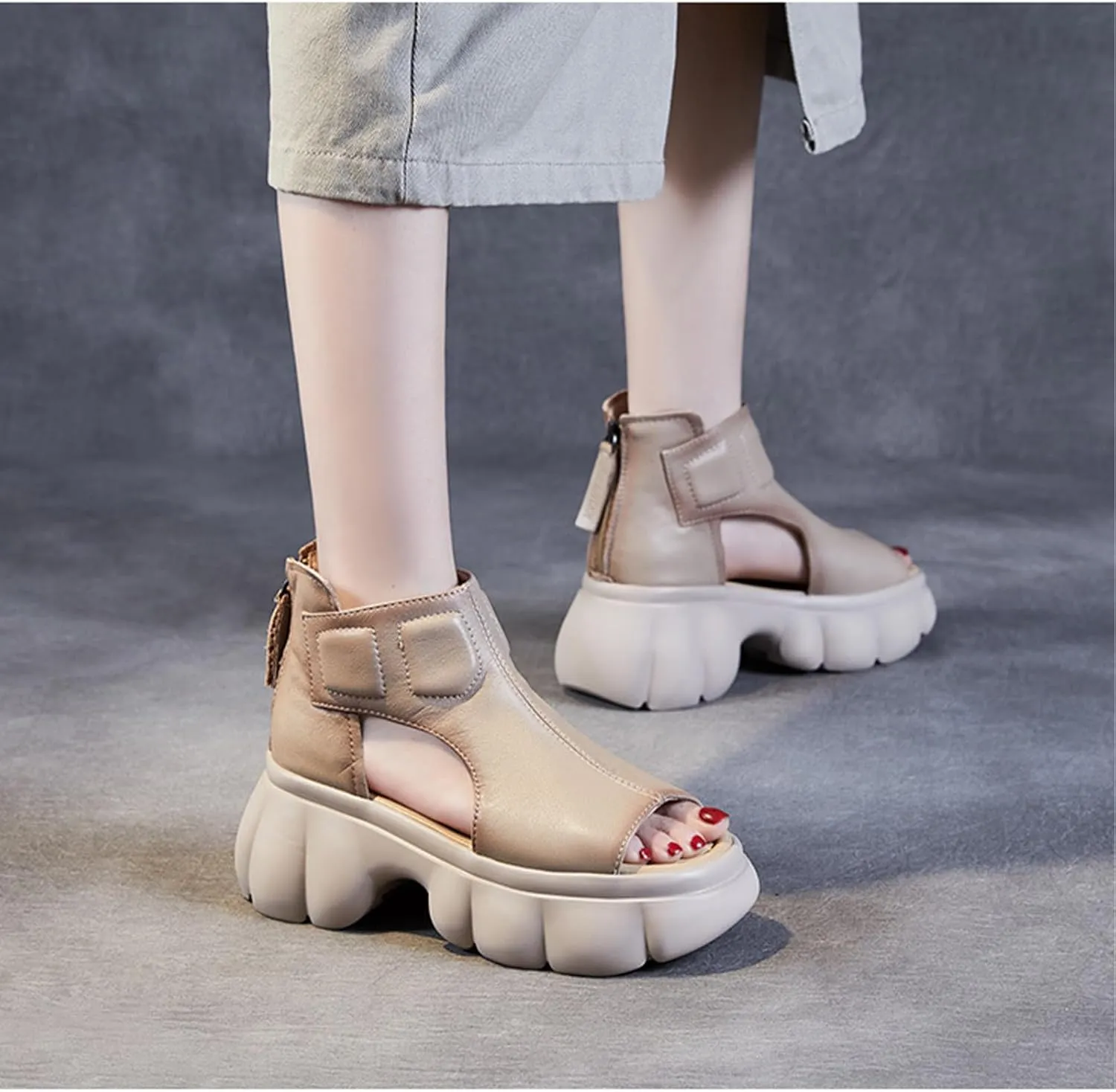 Womens Genuine Leather Chunky Platform Retro Roman Sandals High Top Comfortable Anti-Slip Open Toe Fish Mouth Soft Bottom Back Zipper Wedge Y2K Gladiator Sandals Boot for Casual Walking