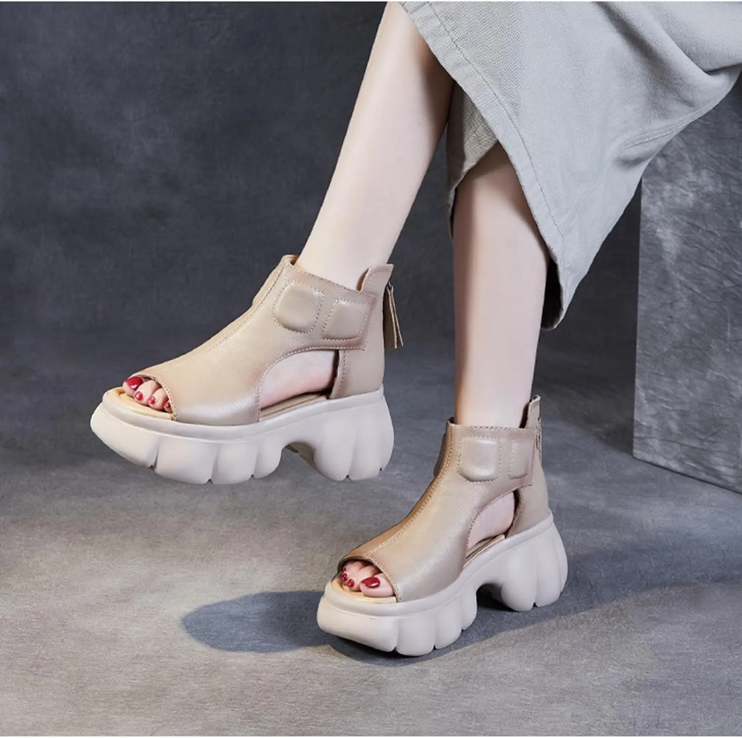 Womens Genuine Leather Chunky Platform Retro Roman Sandals High Top Comfortable Anti-Slip Open Toe Fish Mouth Soft Bottom Back Zipper Wedge Y2K Gladiator Sandals Boot for Casual Walking