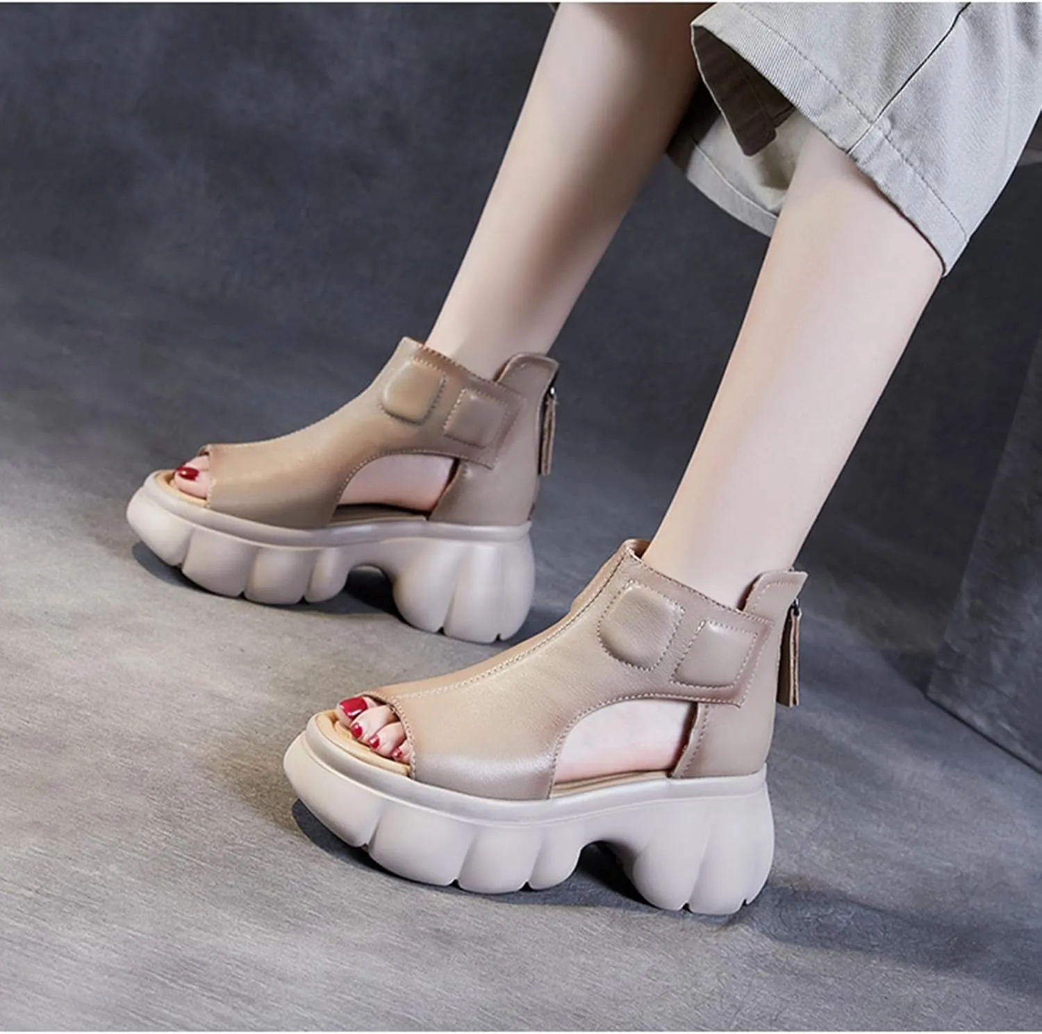 Womens Genuine Leather Chunky Platform Retro Roman Sandals High Top Comfortable Anti-Slip Open Toe Fish Mouth Soft Bottom Back Zipper Wedge Y2K Gladiator Sandals Boot for Casual Walking