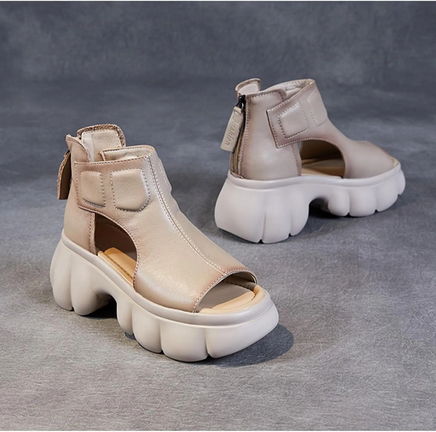 Womens Genuine Leather Chunky Platform Retro Roman Sandals High Top Comfortable Anti-Slip Open Toe Fish Mouth Soft Bottom Back Zipper Wedge Y2K Gladiator Sandals Boot for Casual Walking