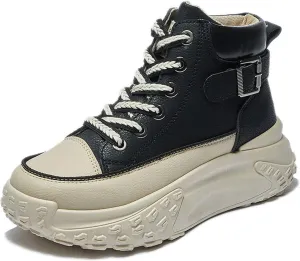 Women's Genuine Leather Lace-Up Platform Sneakers,Outdoor Non-Slip Comfortable High-Top Walking Casual Sneakers